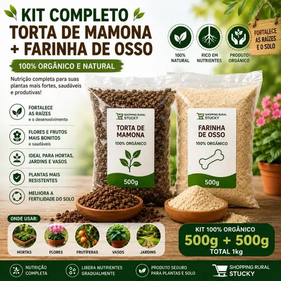 Kit Adubo Orgânico Torta de Mamona + Farinha de Osso Fertilizante Para Hortas Plantas Flores Vasos Jardins Frutífera