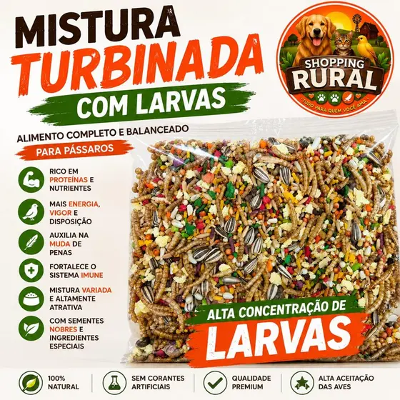 Mistura Turbinada Trinca Ferro Larvas Sementes Nobres Natural Premium Passaros 500g