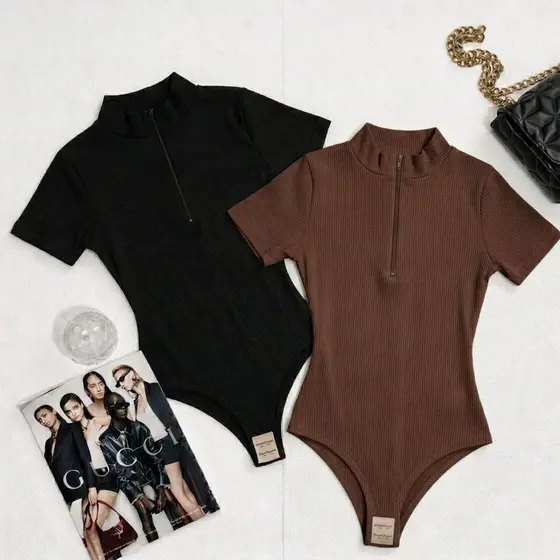 Kit 2 Body Feminino Manga Curta Com Zíper Canelado Casual Moda Blogueira Confortável Inverno