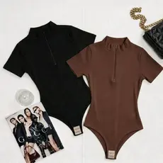Kit 2 Body Feminino Manga Curta Com Zíper Canelado Casual Moda Blogueira Confortável Inverno