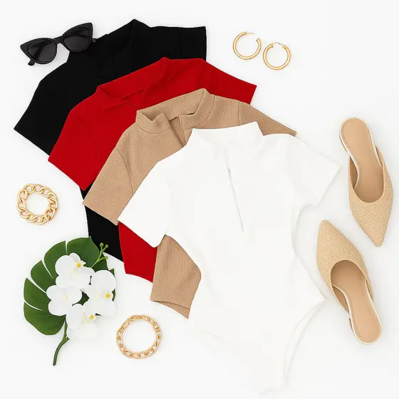 Kit 2 Body Canelado Feminino Gola Ziper Anarruga Manga Curta Look Evangélico Elegante Casual