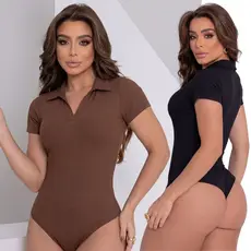 Kit 2 Body Feminino Gola Polo Canelado Manga Curta Conforto Estilo Casual Elegante Ajustado Premium