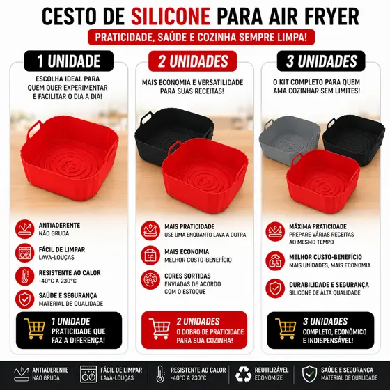 Forma Cesto Forro Air Fryer Silicone Reutilizável Antiaderente Lavável Resistente kit 1/2/3 Unidades