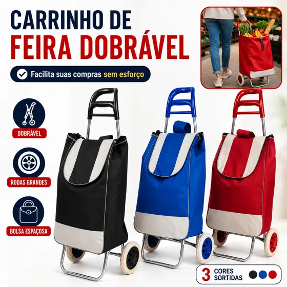 Carrinho de Feira Dobrável com Bolsa Grande e Rodas Reforçadas para Compras Mercado Lavanderia