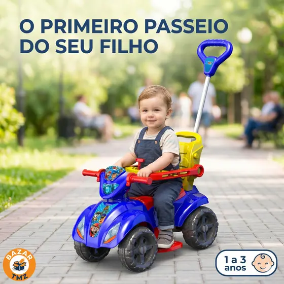 ✅ Quadriciclo Infantil Menino Dog Azul Com Haste Empurrador Proteção E Pedal Educativo 2 em 1
