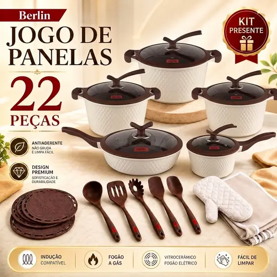 Jogo de Panelas Cerâmica Aluminio 22 Pecas Inducao Conjunto Revestido Antiaderente Premium Tampas Vidro Várias Cores