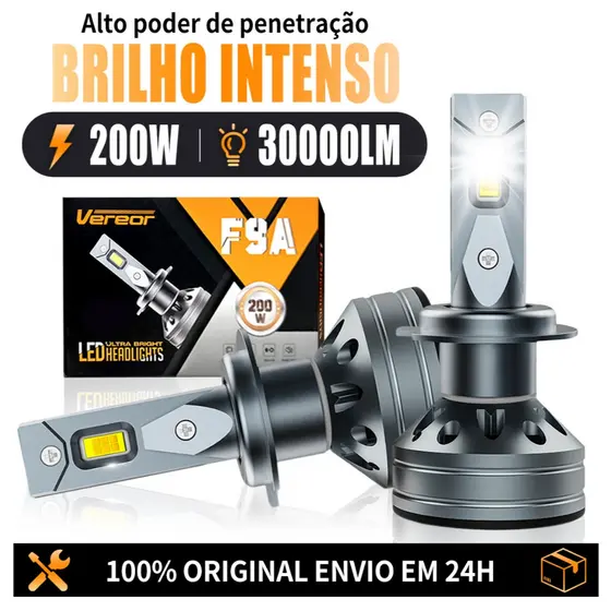 Par Lâmpada LED F9A 200W 30000LM 6000K Universal para Carro Compatível H1/H3/H4/H7/H11/9005/9006 Luz Branca