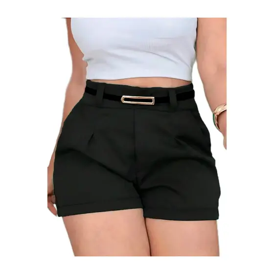 Short Alfaiataria Feminino Social Cintura Alta Com Cinto Com Bolso
