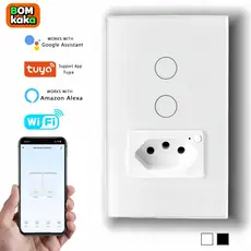 Interruptor Inteligente WiFi com Tomada e Painel de Vidro Touch – 2 Botões, Compatível com Alexa e Google