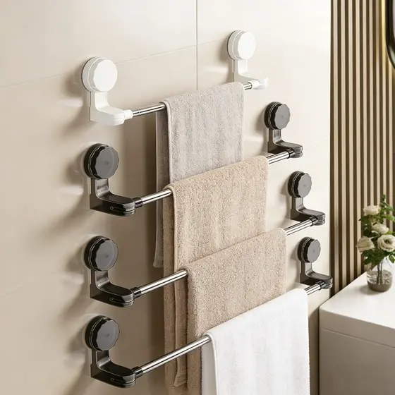 Toalheiro de Ventosa Sem Furos, Haste Extensível em Aço Inoxidável, Suporte Giratório para Banheiro e Cozinha
