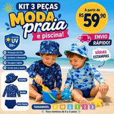 kit Bebê Blusa com Proteção Solar UV50 +Tapa Fralda( Sunga ) e Chapéu- Moda Praia e Piscina MeninosM ao 3
