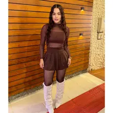 ￼Short Saia Feminino Cintura Alta Suplex Rodado Plissado Moda Blogueira Verão