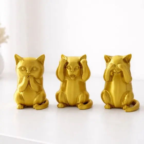 Trio Gatinhos Dourados Decorativos 3D 5cm - Luxo Para Sala