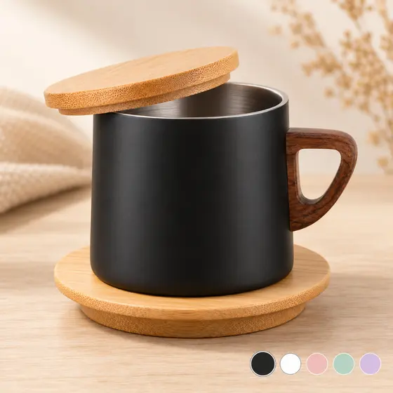 Xícara Caneca Térmica Aço Inox 304 Com Tampa e Pires de Bambu