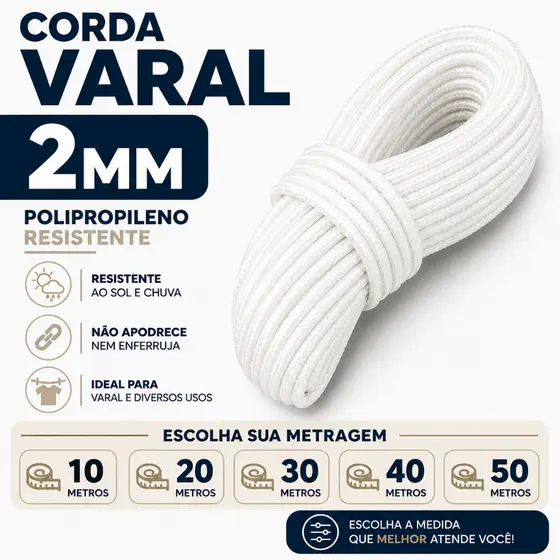 Varal Corda 10/ 20 / 30/ 40/ 50  metros - Varal de Teto Quintal Apartamento 2mm