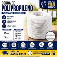 Corda P/ Varal 10/ 20 / 30/ 40  metros - Varal de Teto Quintal Apartamento 2mm e 3 mm
