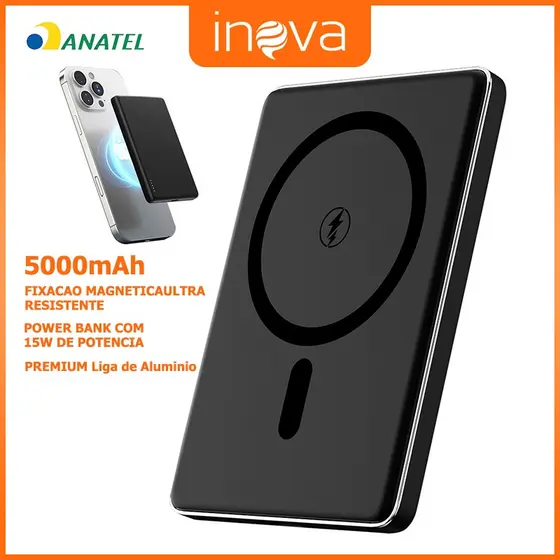 INOVA Power Bank Magnético 5000mAh Carregamento Wireless 15W Liga de Alumínio ANATEL BR-A-PT178B-black