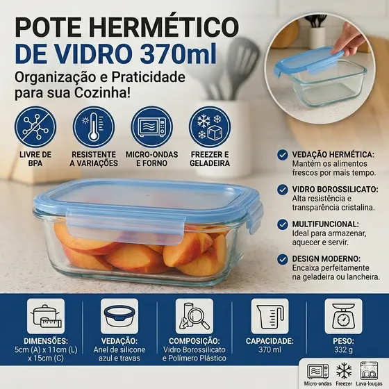 Pote Retangular Hermético Vidro 370ml tapoer de vidro pote de vidro