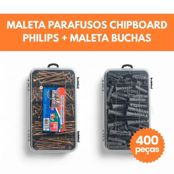 Kit 400/300 Peças Parafusos e Buchas com Organizador Multiuso Maleta Marcenaria Chipboard Phillips