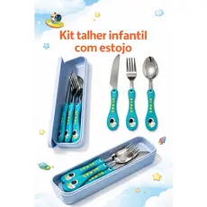 Kit Estojo Talher Infantil 3 Peças Aço Inox Espacial Colorido Criança Conjunto Colher Garfo Faca