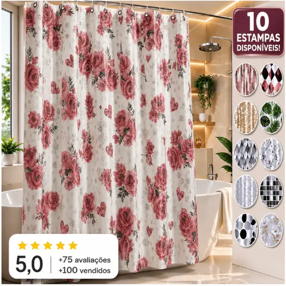 Cortina Box Banheiro Impermeável Antimofo 1,40x1,80 + Ganchos | Reforçada Premium Não Mofa