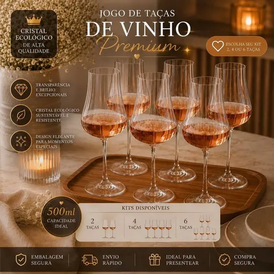 Jogo Taças de Vinho Transparente Cristal bohemia Conjunto 2 4 ou 6 Peças Iduna Optic 500ml 650ml Mesa Posta
