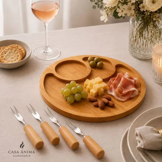 Kit Gamela Petisqueira com 4 Garfinhos Servir Inox e Madeira Gamela Petisqueira Mdf Estilo Bambu para Servir Petiscos