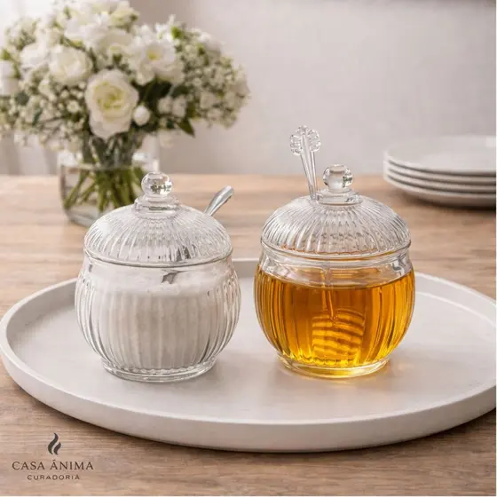 Kit Açucareiro e Meleira em Cristal Renaissance Elegante Kit Mesa Posta Kit Café da Manhã