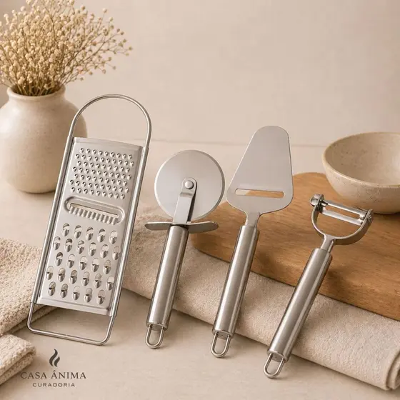 Kit Utensílios Inox Cozinha Kit Cozinha Pratica Ralador Cortador de Pizza Fatiador de Queijo Descascador de Legumes
