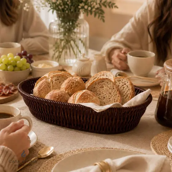 Cesta de Pão Multiuso em Rattan Oval para Café da Manhã  Cesta para Cozinha Mesa Posta