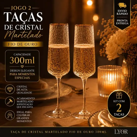 Jogo 2 Taças de Champanhe Cristal com Fio de Ouro 300ml Lyor Kit 2 Taças Elegantes e Sofisticadas