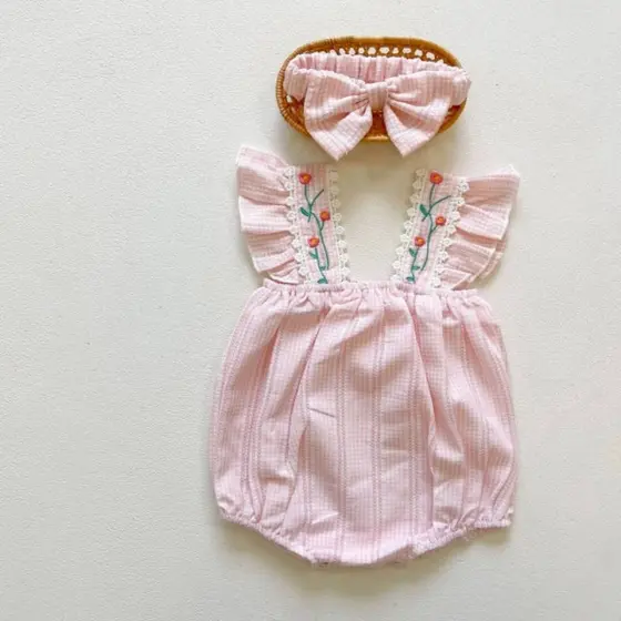 Romper Bebê Feminino Bordado com Faixa 1-2 anos