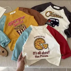 Camiseta Infantil Manga Longa Raglan 100% Algodão Carro Pizza Estilo Coreano Menino Menina 3-7 Anos