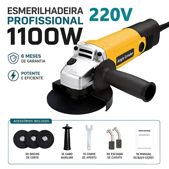 Máquina Esmerilhadeira 1100W Voltagem 220V Alta Potência com Punho Lateral para Uso Profissional