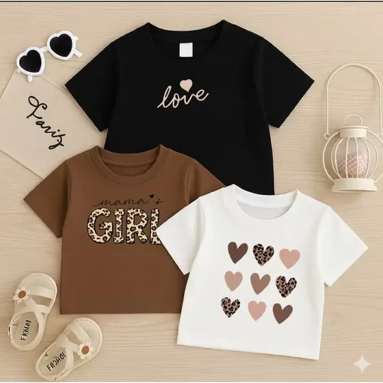 Kit 3 Camisetas Infantis Femininas Love Corações 100% Algodão Manga Curta