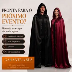 Capa Preta com Capuz Cetim Brilhante – Ideal para Cosplay, Teatro, Festa à Fantasia e Ensaio Halloween