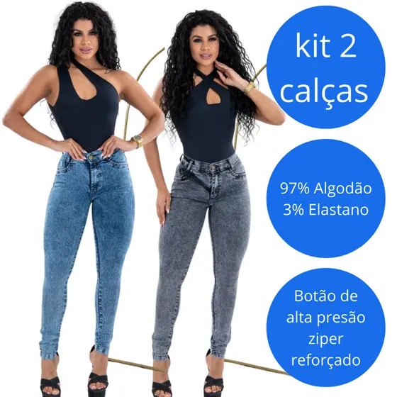 Kit 2 calças jeans feminina lycra skinny cintura alta