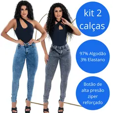 Kit 2 calças jeans feminina lycra skinny cintura alta
