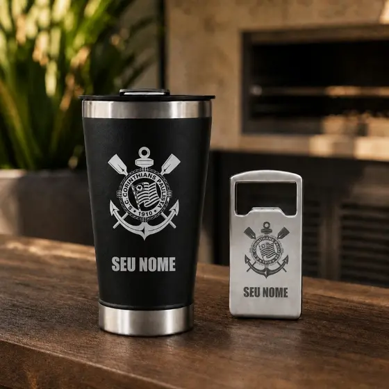 Copo Termico Personalizado Corinthians + seu nome Cerveja Churrasco Térmico com Tampa e Abridor Inox 473ml