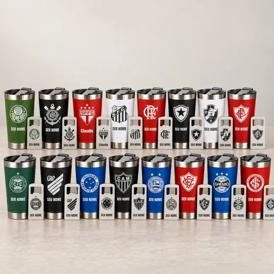 Copo Termico Personalizado Inox Seu Time e Nome c/ Tampa e Abridor Térmico Cerveja Churrasco Time Torcedor