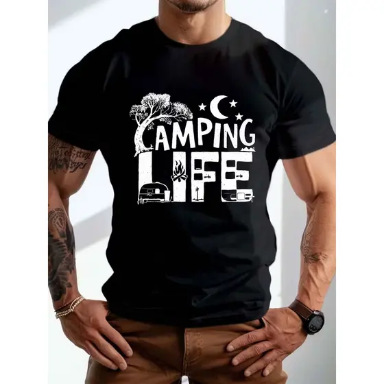 Camiseta Masculina Camping Life Tenda Estrelas Lua Plus Size Confortável Moderna Estilosa Aventura Verão