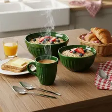Conjunto Sofisticado Café da Manhã ou Chá 2 Tigelas 1 Caneca Grande Rústica Verde - Presente Oferta