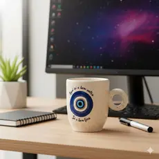 Caneca Cerâmica Olho Grego Bege 230ml Modelo Bojuda Café Chá - Presente Lembrancinha