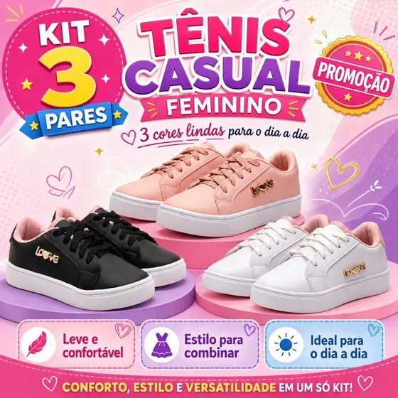 Kit 3 Pares Sapato Infantil Feminino Menina Modelo Moderninho Para Rotina Infantil Completa