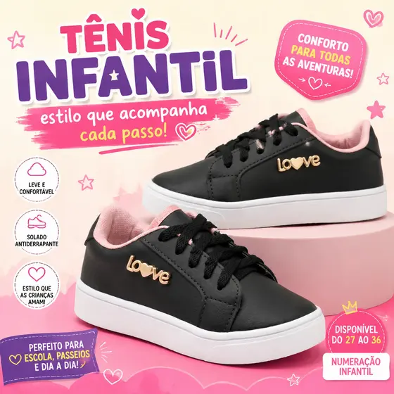 Tênis Infantil Menina Branco Preto Rosa Com Cadarço E Design Delicado Moda Infantil