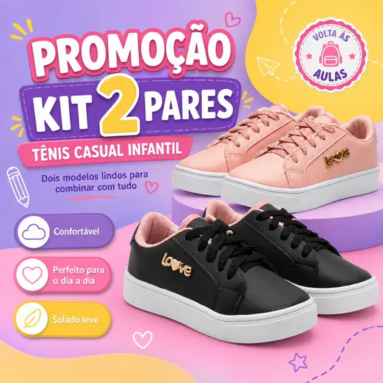 Kit 2 Pares Sapato Infantil Feminino Menina Moderno Delicado Para Escola Passeio E Looks Casuais