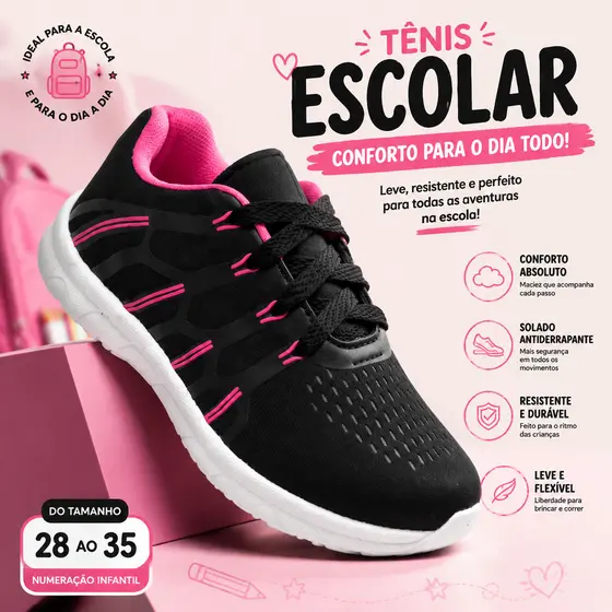 Tênis Infantil Feminino Leve E Confortável Para Escola Passeios E Atividades Diárias