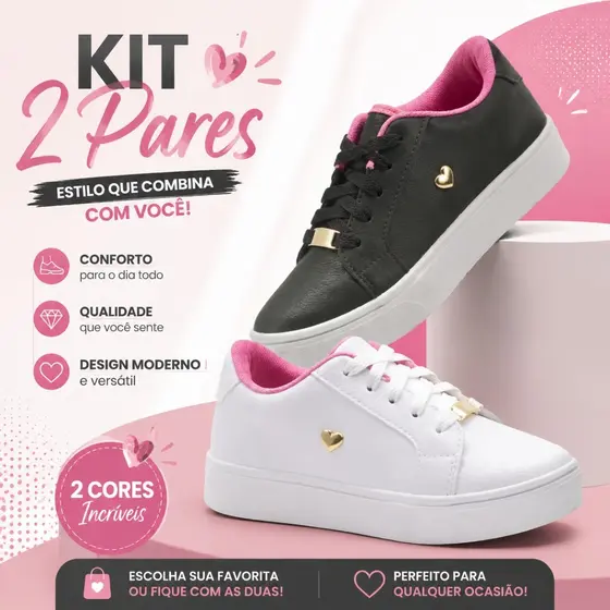 Kit 2 Pares Sapato Infantil Feminino Preto Rosa Confortável Estilo Casual Moderno Elegante