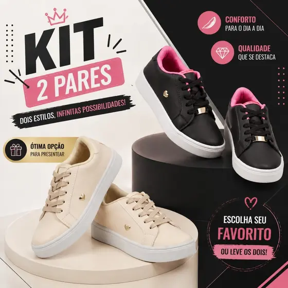 Kit 2 Pares Tênis Infantil Feminino Confortável Leve Com Coração Dourado Estilo Casual Moderno