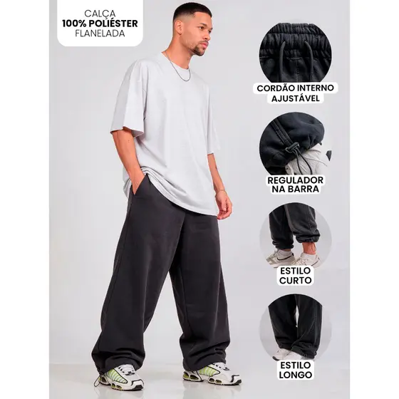 Calça Masculina Wide Leg Baggy Streetwear Moda Urbana Poliéster
